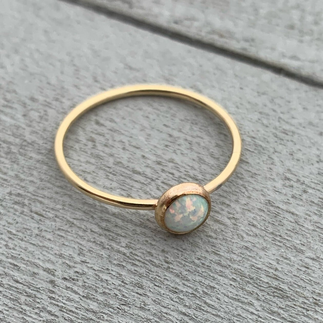 Opal 14k Yellow Gold Fill Stacking Ring. Simulated Lab White Opal Size 5 - 8 US. - SunlightSilver