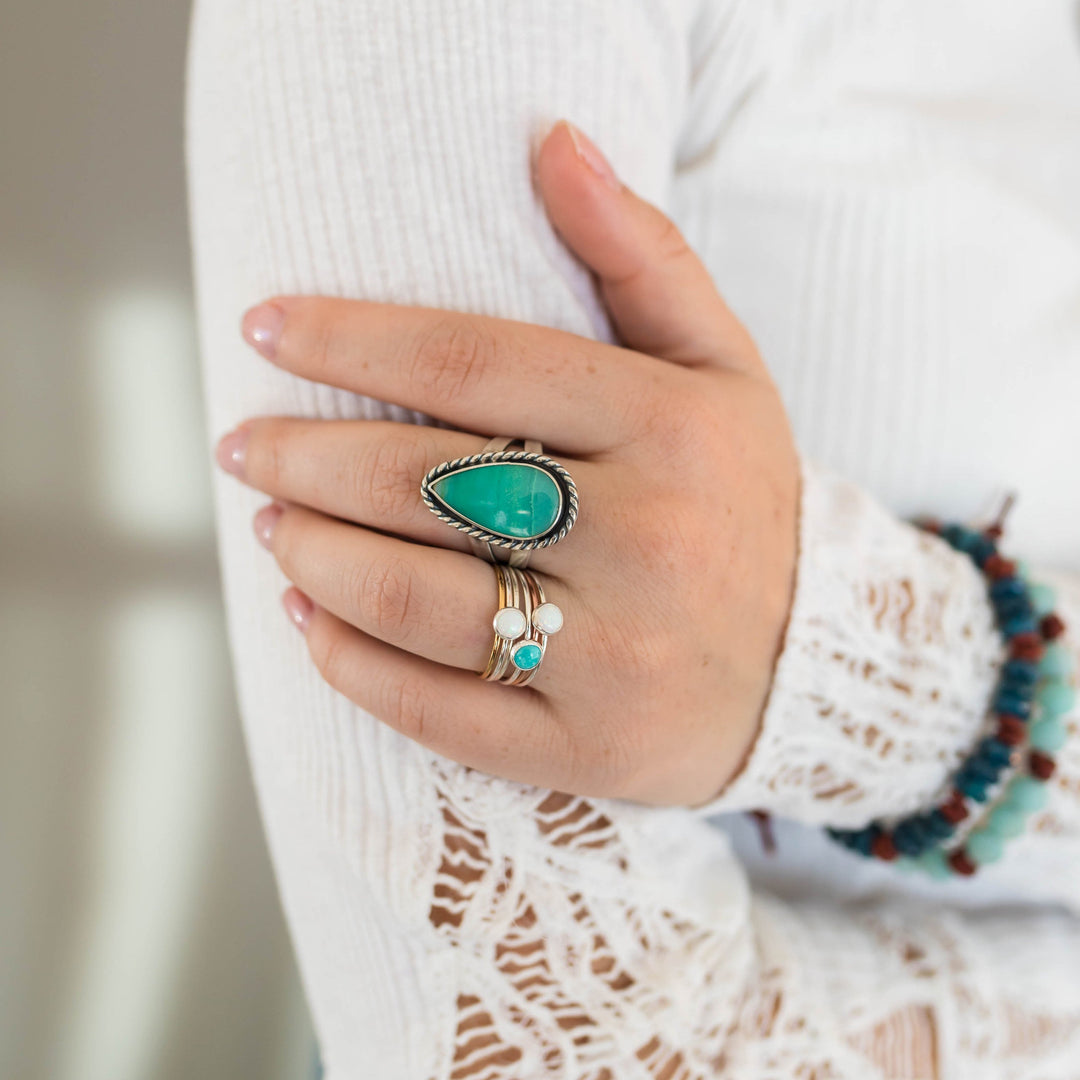 Opal Stacking Ring. Solid 925 Sterling Silver with Simulated Lab Opal. Size 4.5 - 8 US. Thin band. Stackable - SunlightSilver