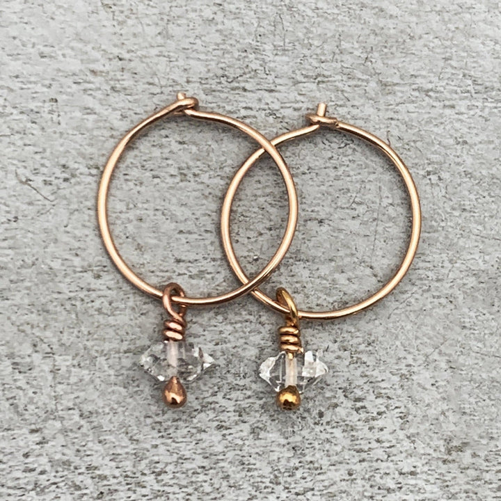 Herkimer Diamond Charm Hoop Earrings Available in Solid 925 Sterling Silver, 14k Yellow or Rose Gold Fill - SunlightSilver