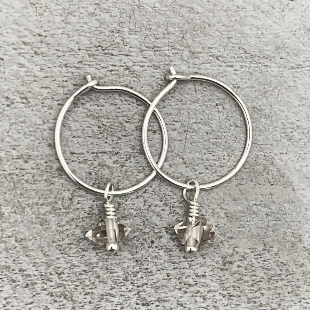 Herkimer Diamond Charm Hoop Earrings Available in Solid 925 Sterling Silver, 14k Yellow or Rose Gold Fill - SunlightSilver