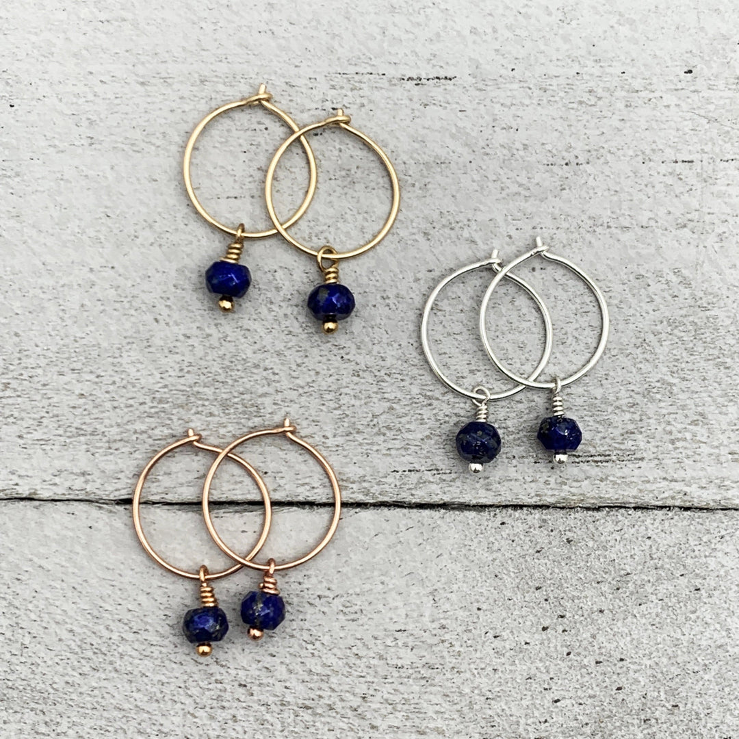 Lapis Charm Hoop Earrings Available in Solid 925 Sterling Silver, 14k Yellow or Rose Gold Fill - SunlightSilver