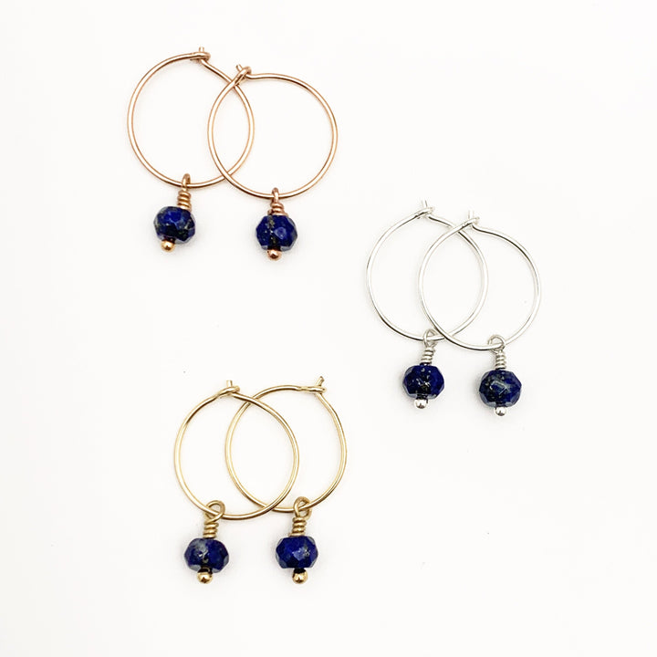 Lapis Charm Hoop Earrings Available in Solid 925 Sterling Silver, 14k Yellow or Rose Gold Fill - SunlightSilver