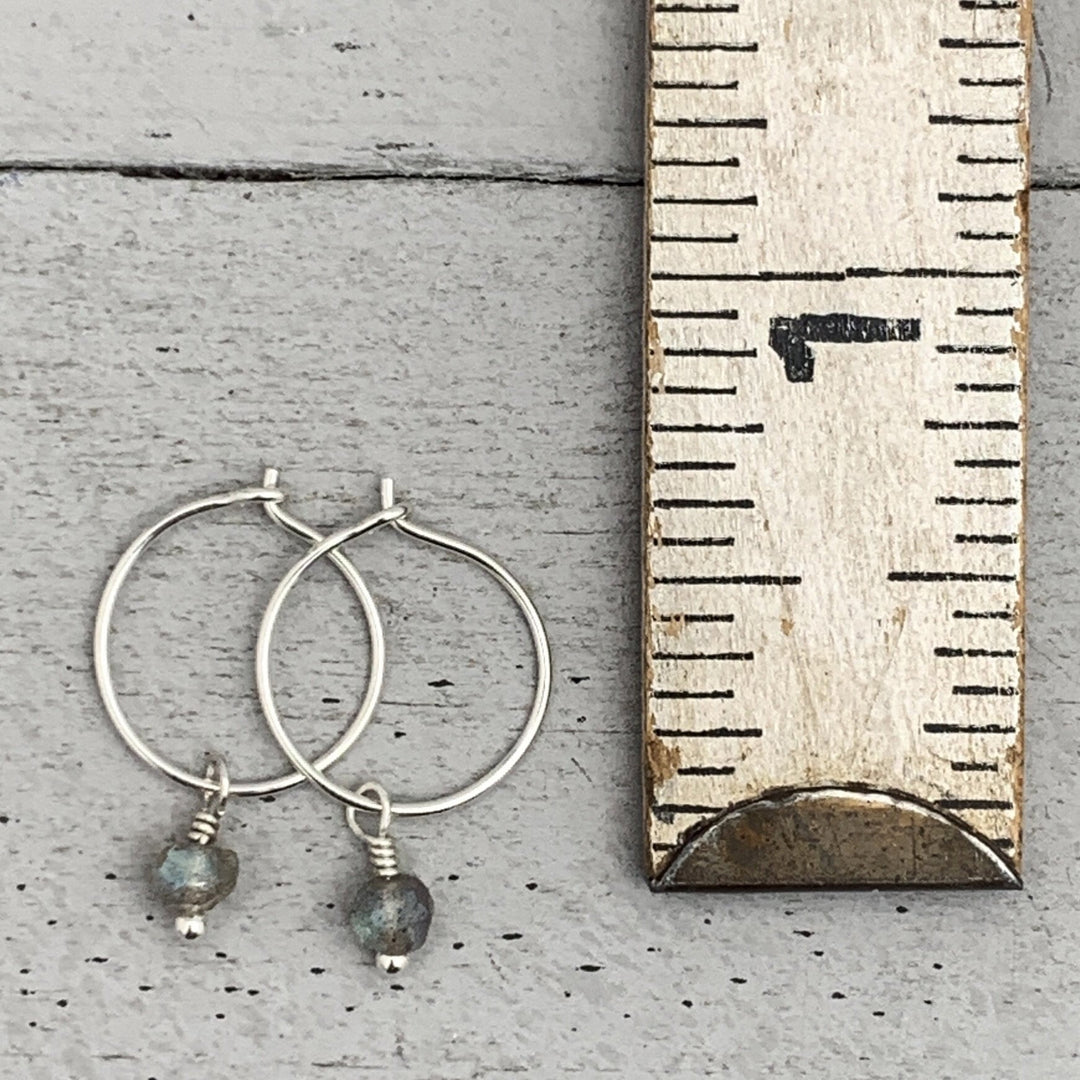 Labradorite Charm Hoop Earrings Available in Solid 925 Sterling Silver, 14k Yellow or Rose Gold Fill - SunlightSilver