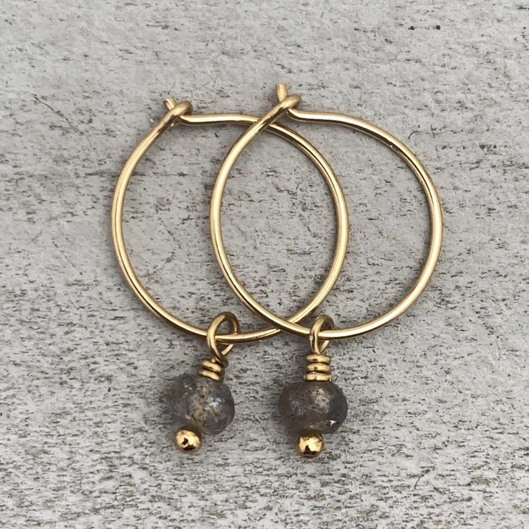 Labradorite Charm Hoop Earrings Available in Solid 925 Sterling Silver, 14k Yellow or Rose Gold Fill - SunlightSilver