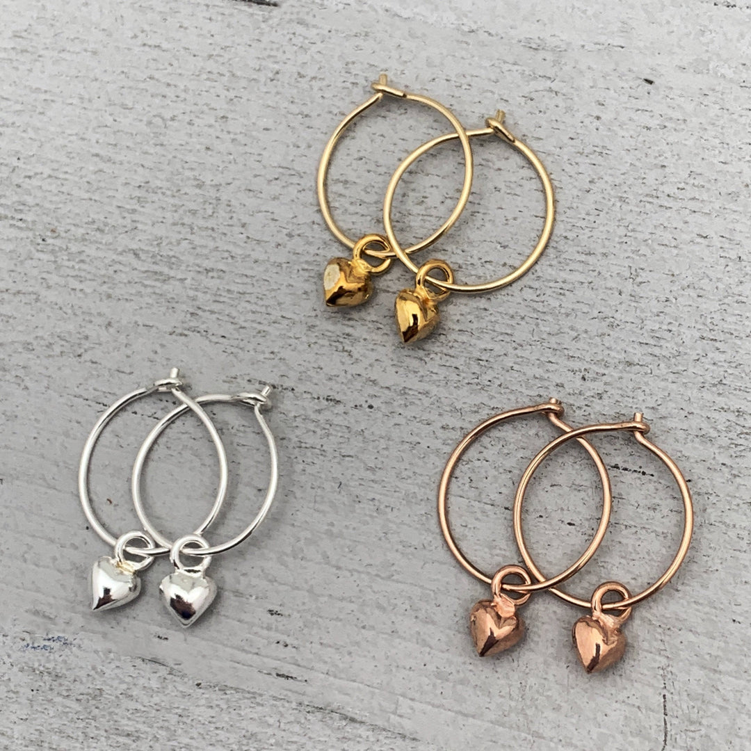 Heart Charm Hoop Earrings Available in Solid 925 Sterling Silver, 14k Yellow or Rose Gold Fill - SunlightSilver