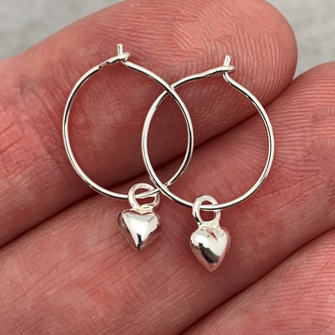 Heart Charm Hoop Earrings Available in Solid 925 Sterling Silver, 14k Yellow or Rose Gold Fill - SunlightSilver