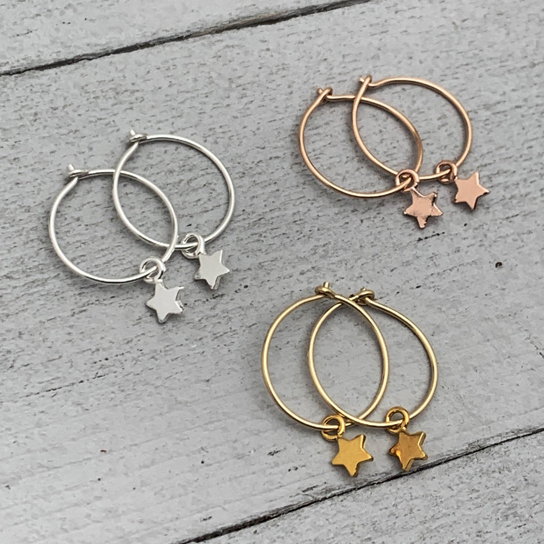 Star Charm Hoop Earrings Available in Solid 925 Sterling Silver, 14k Yellow or Rose Gold Fill - SunlightSilver