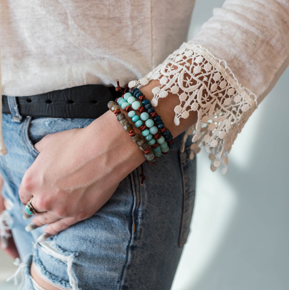 Faceted Labradorite Gemstone and Rustic Brown Leather Stacking Bracelet - SunlightSilver