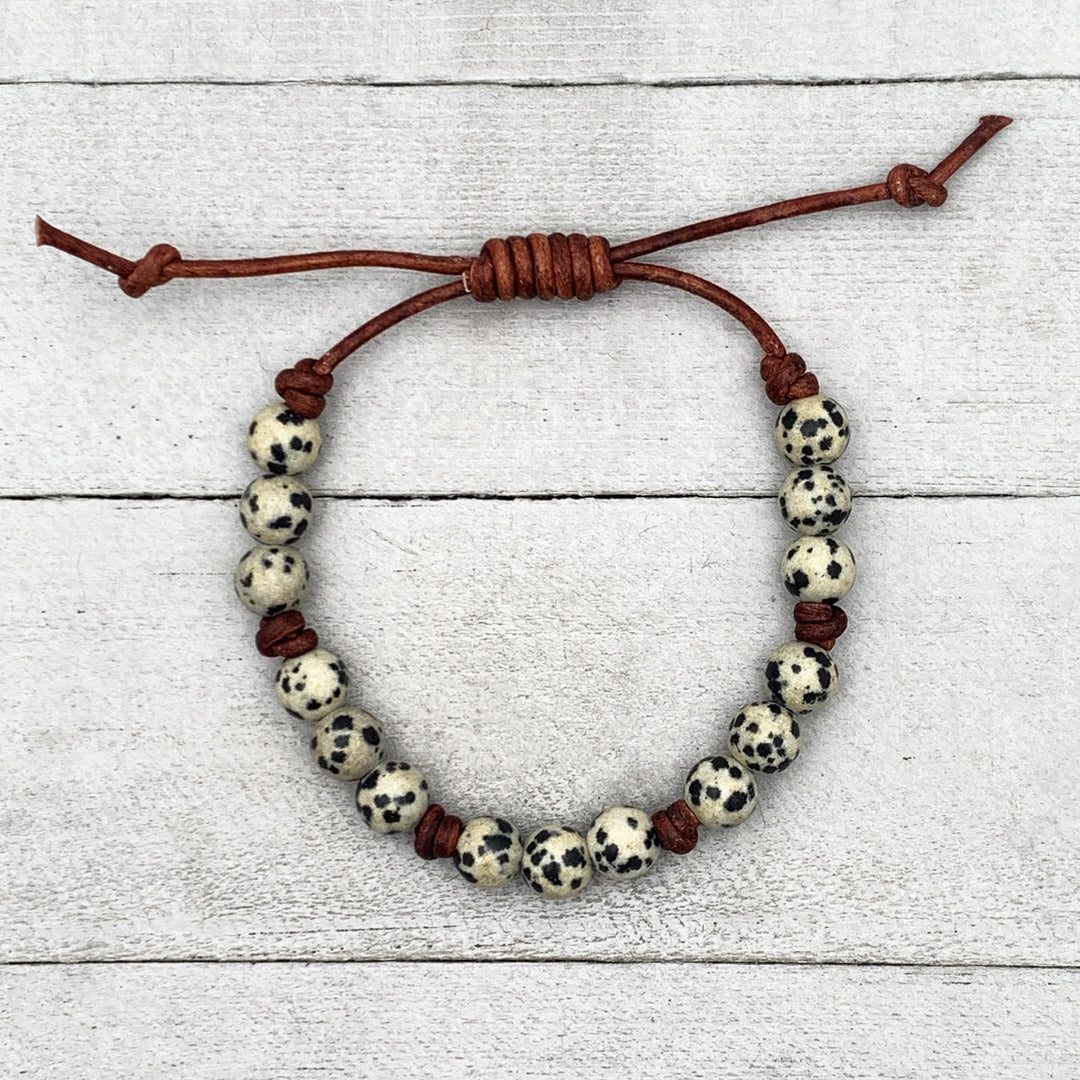 Dalmatian Jasper and Leather Gemstone Bracelet - SunlightSilver