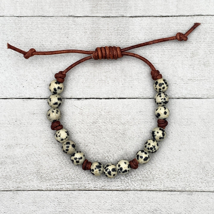 Dalmatian Jasper and Leather Gemstone Bracelet - SunlightSilver