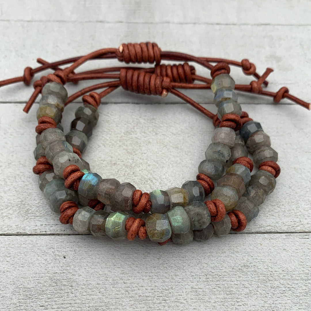 Faceted Labradorite Gemstone and Rustic Brown Leather Stacking Bracelet - SunlightSilver