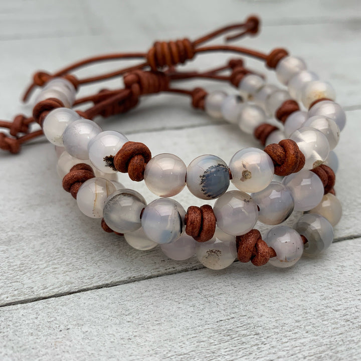 Montana Agate Gemstone and Rustic Brown Leather Bracelet - SunlightSilver