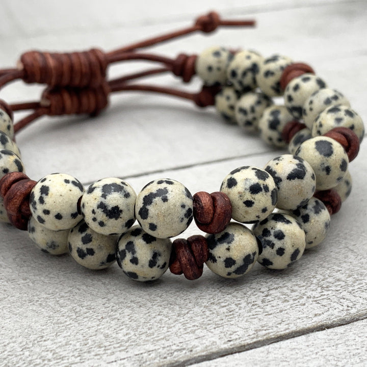 Dalmatian Jasper and Leather Gemstone Bracelet - SunlightSilver