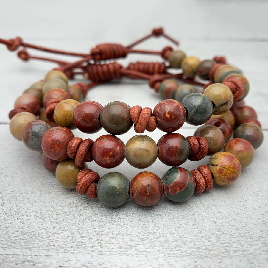 Red Cherry Creek Jasper Gemstone and Rustic Brown Leather Adjustable Bracelet - SunlightSilver