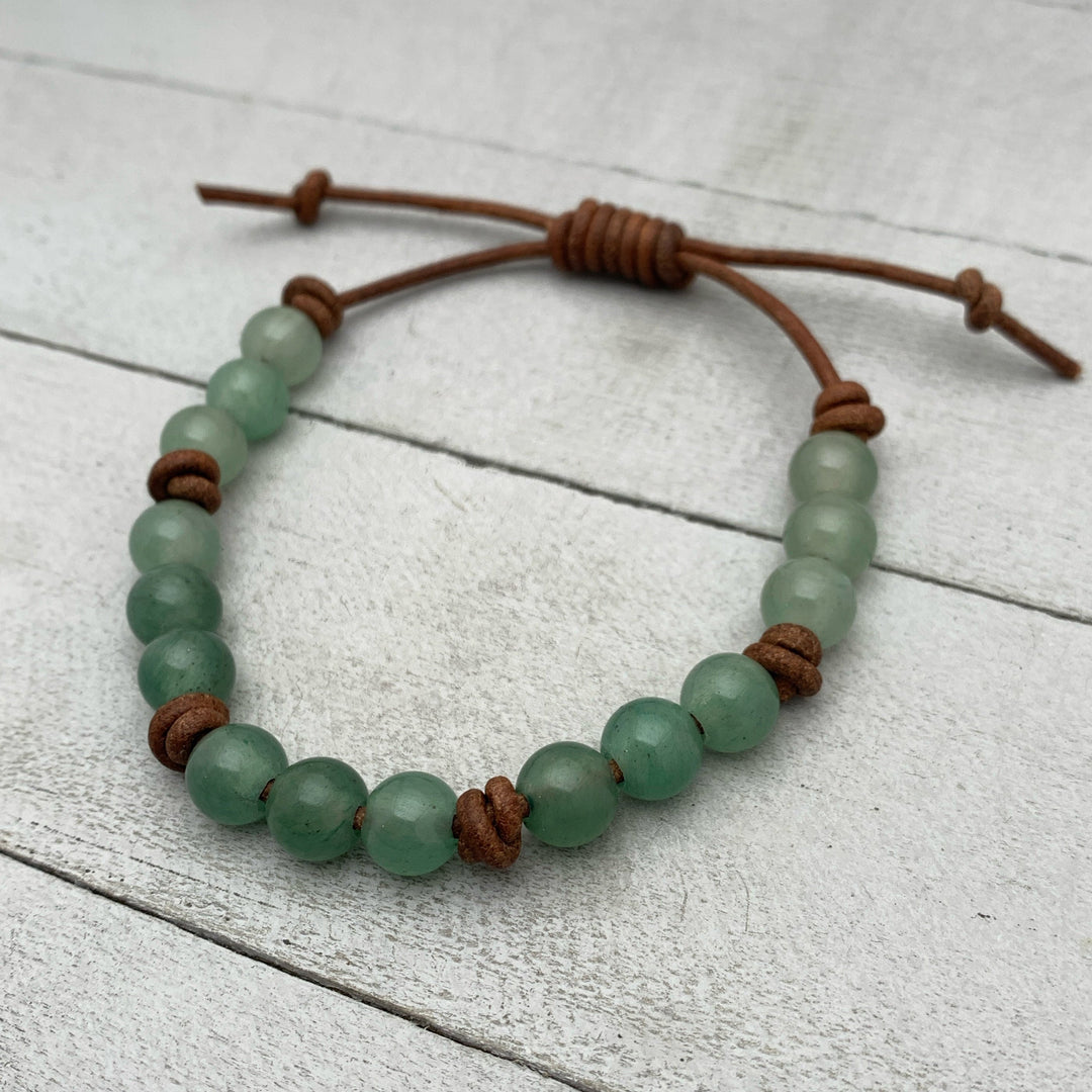 Aventurine Gemstone and Rustic Brown Leather Layering Bracelet - SunlightSilver