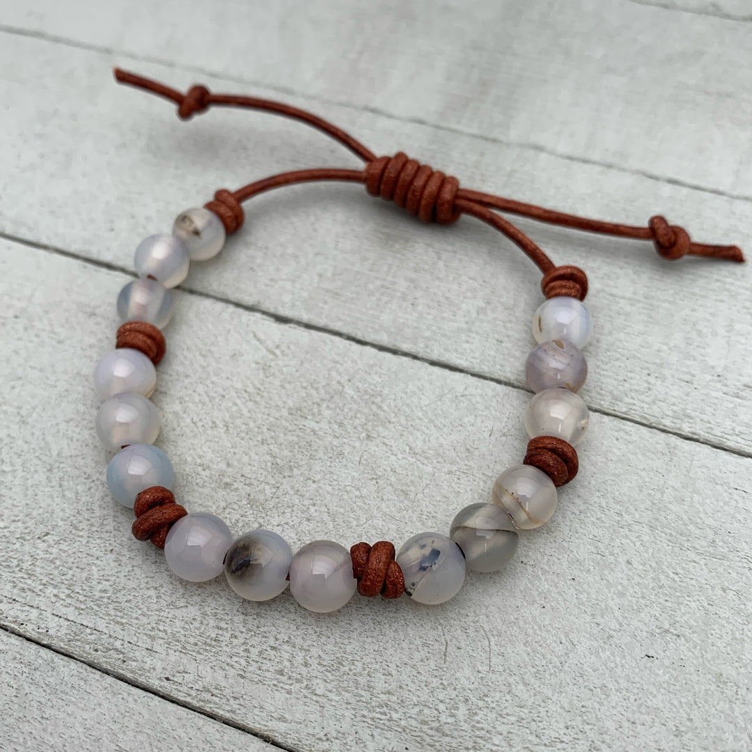 Montana Agate Gemstone and Rustic Brown Leather Bracelet - SunlightSilver