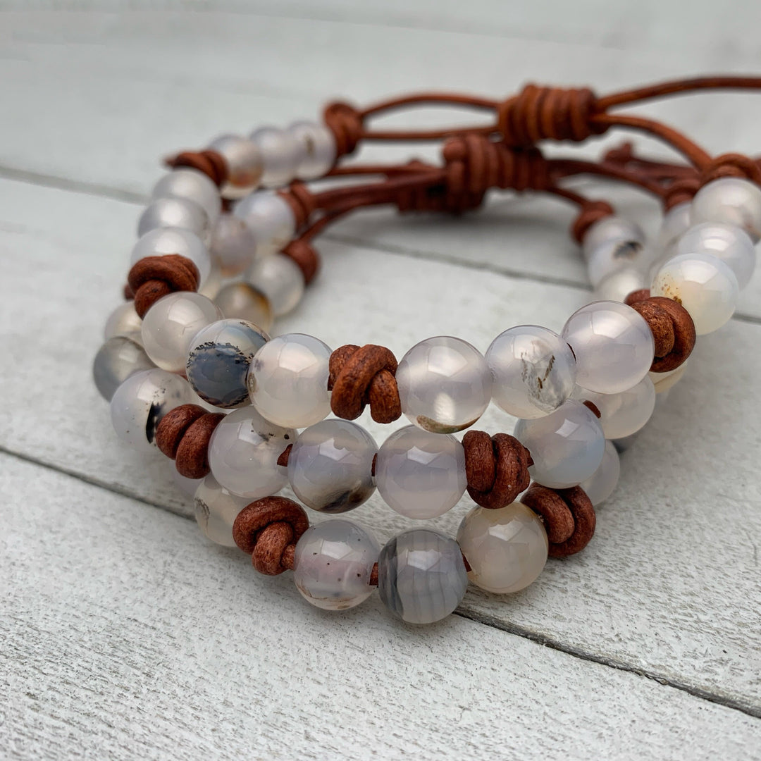 Montana Agate Gemstone and Rustic Brown Leather Bracelet - SunlightSilver