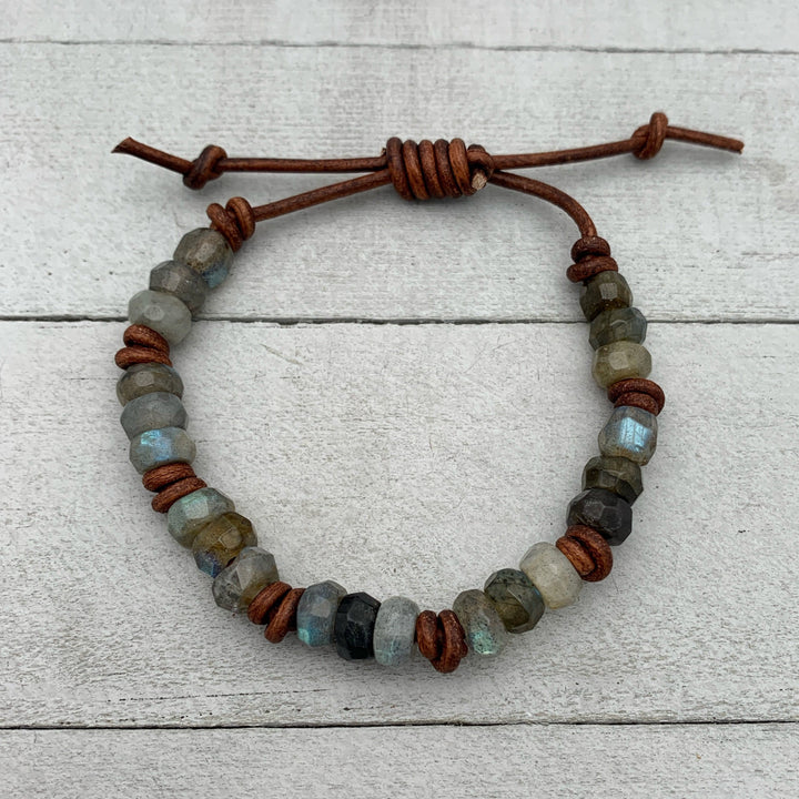 Faceted Labradorite Gemstone and Rustic Brown Leather Stacking Bracelet - SunlightSilver