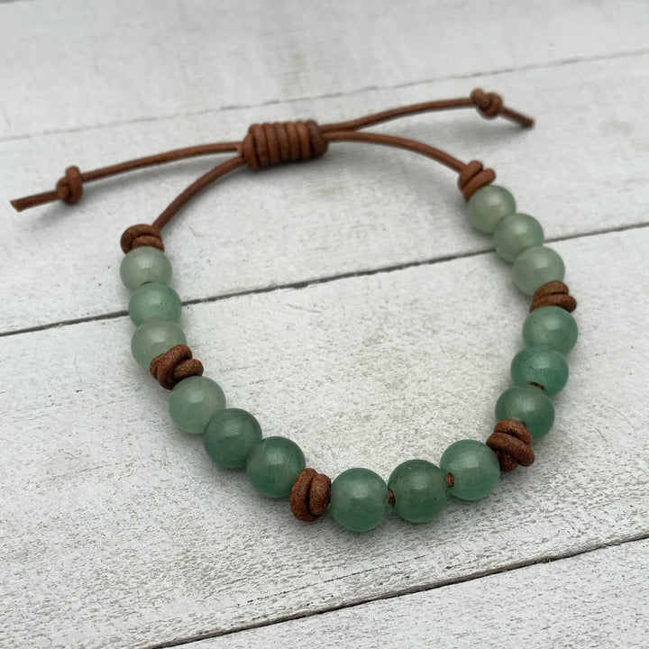 Aventurine Gemstone and Rustic Brown Leather Layering Bracelet - SunlightSilver