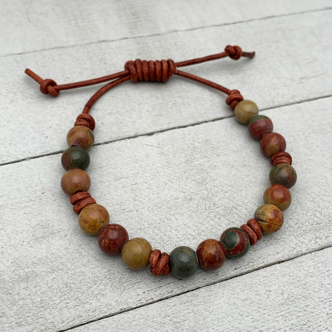 Red Cherry Creek Jasper Gemstone and Leather Bracelet - SunlightSilver