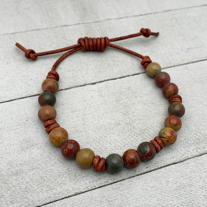 Red Cherry Creek Jasper Gemstone and Leather Bracelet - SunlightSilver