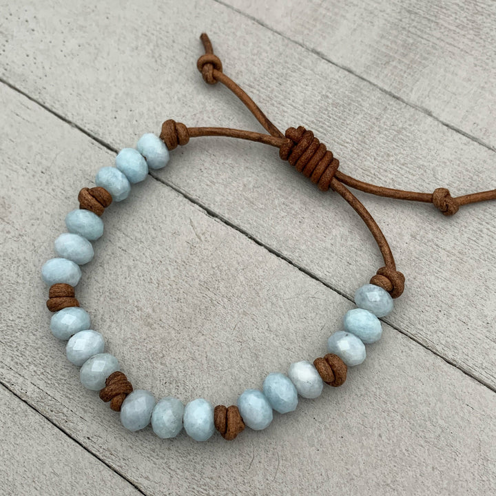 Aquamarine and Rustic Brown Leather Bracelet. Faceted Blue Gemstones - SunlightSilver