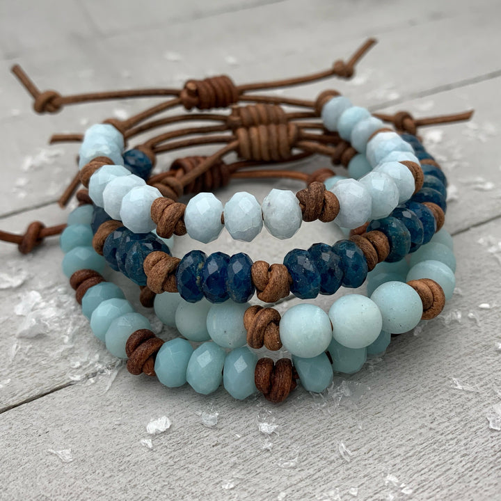 Aquamarine and Rustic Brown Leather Bracelet. Faceted Blue Gemstones - SunlightSilver