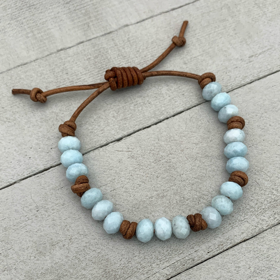 Aquamarine and Rustic Brown Leather Bracelet - SunlightSilver