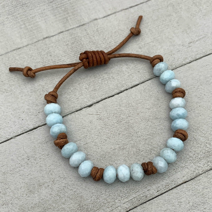 Aquamarine and Rustic Brown Leather Bracelet - SunlightSilver