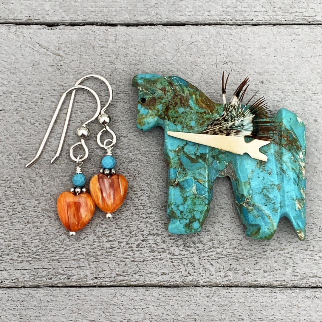 Spiny Oyster Shell Heart, Turquoise and Sterling Silver Earrings - SunlightSilver