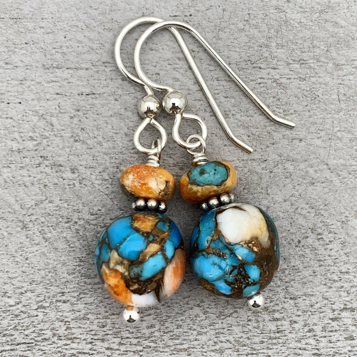 Spiny Oyster Shell, Kingman Turquoise and Sterling Silver Earrings - SunlightSilver