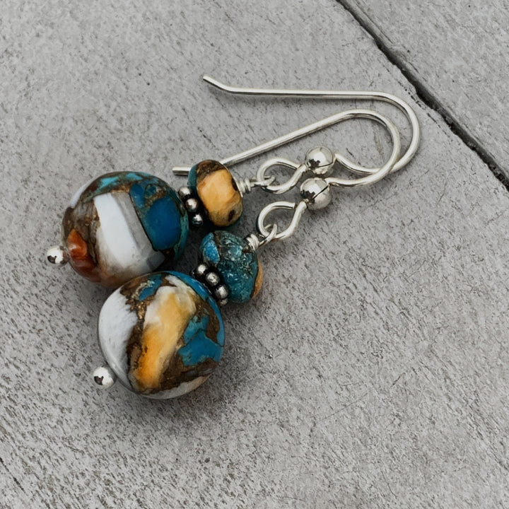 Spiny Oyster Shell, Kingman Turquoise and Sterling Silver Earrings - SunlightSilver