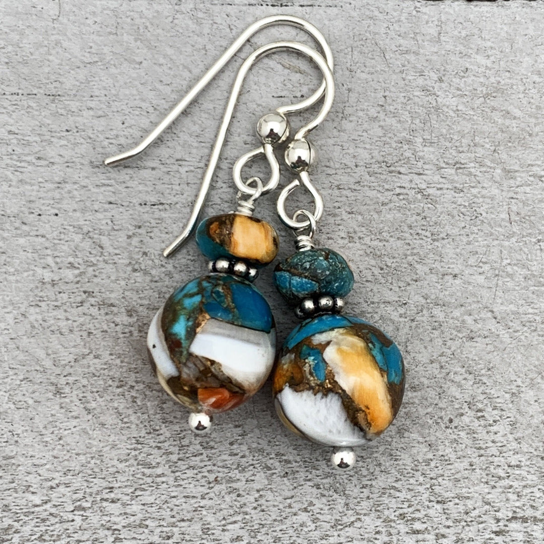 Spiny Oyster Shell, Kingman Turquoise and Sterling Silver Earrings - SunlightSilver