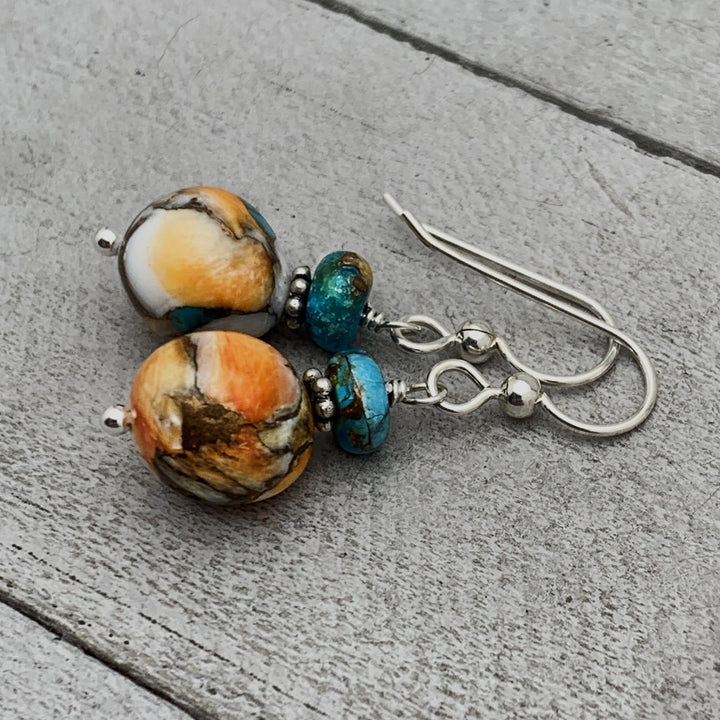 Spiny Oyster Shell, Kingman Turquoise and Sterling Silver Earrings - SunlightSilver