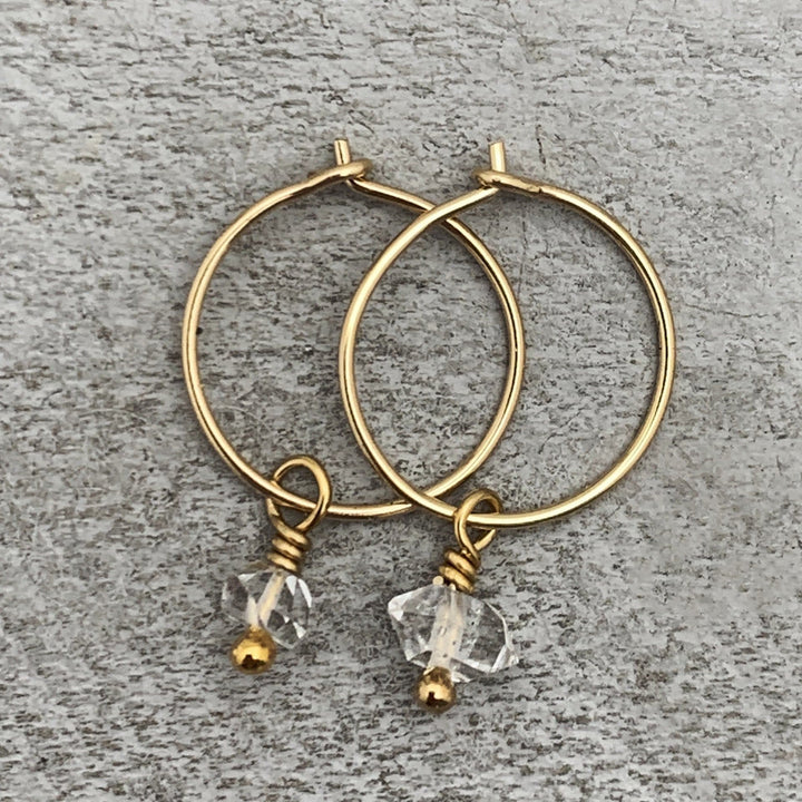 Herkimer Diamond Charm Hoop Earrings Available in Solid 925 Sterling Silver, 14k Yellow or Rose Gold Fill - SunlightSilver