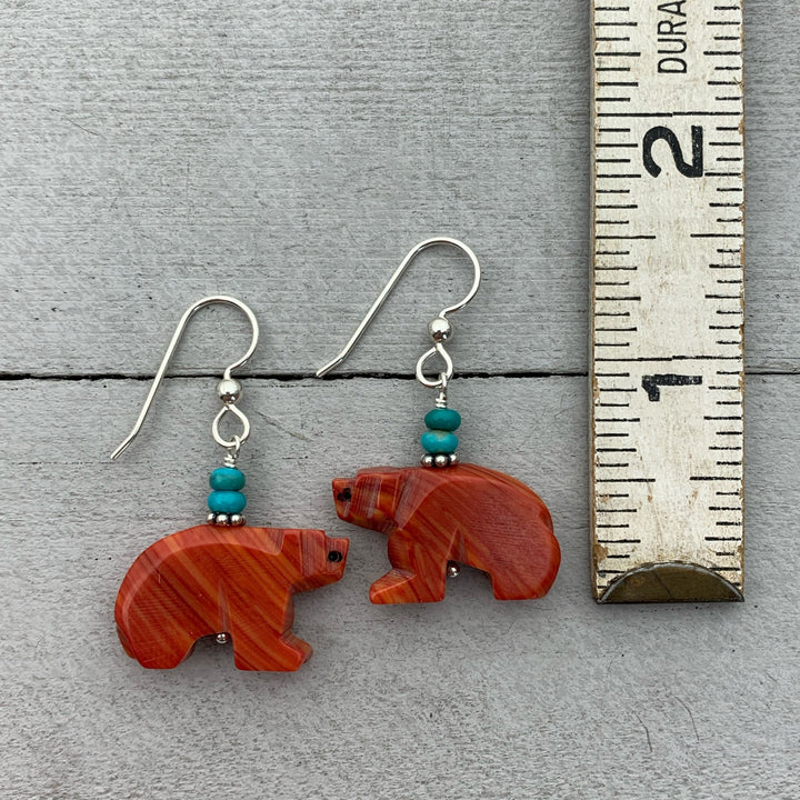 Zuni Bear Coral and Turquoise Earrings. Carved Native American Fetish - SunlightSilver