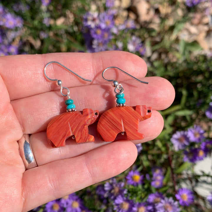 Zuni Bear Coral and Turquoise Earrings. Carved Native American Fetish - SunlightSilver