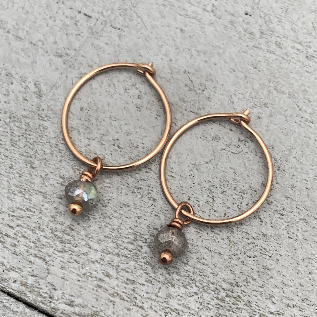 Labradorite Charm Hoop Earrings Available in Solid 925 Sterling Silver, 14k Yellow or Rose Gold Fill - SunlightSilver