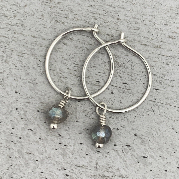 Labradorite Charm Hoop Earrings Available in Solid 925 Sterling Silver, 14k Yellow or Rose Gold Fill - SunlightSilver