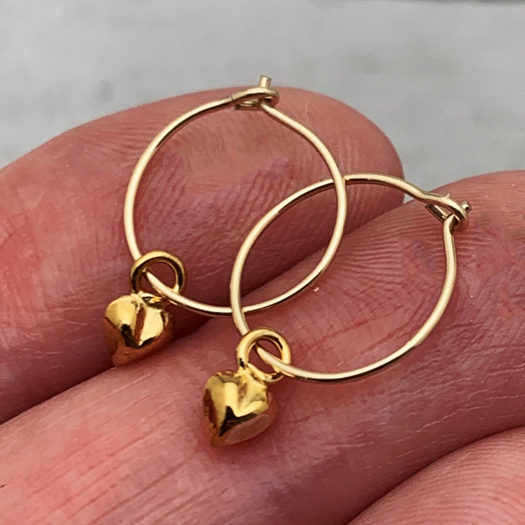 Heart Charm Hoop Earrings Available in Solid 925 Sterling Silver, 14k Yellow or Rose Gold Fill - SunlightSilver