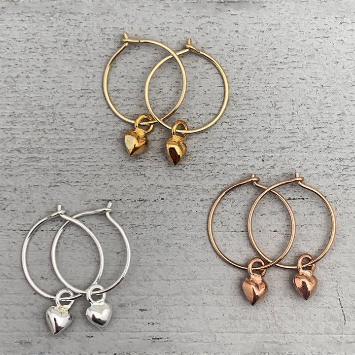 Heart Charm Hoop Earrings Available in Solid 925 Sterling Silver, 14k Yellow or Rose Gold Fill - SunlightSilver