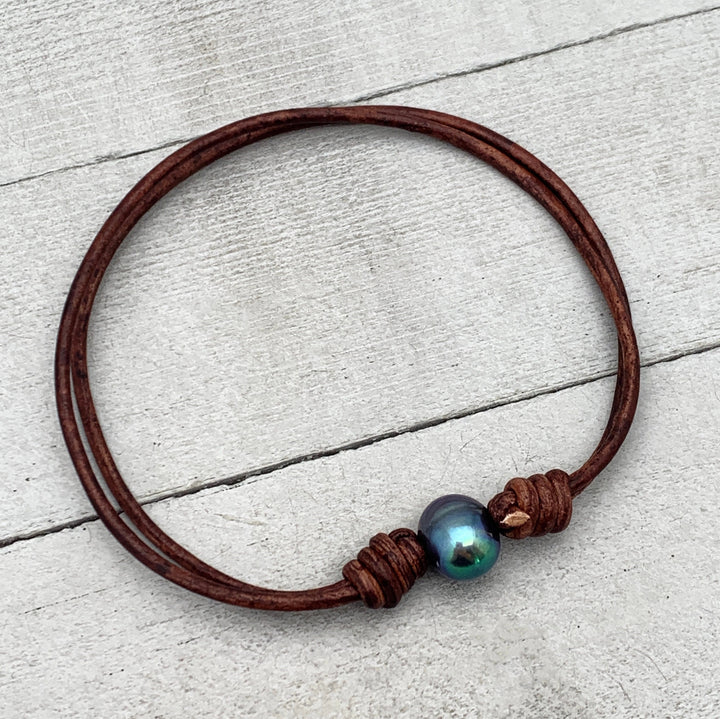 Peacock Pearl and Leather Anklet / Bracelet - SunlightSilver