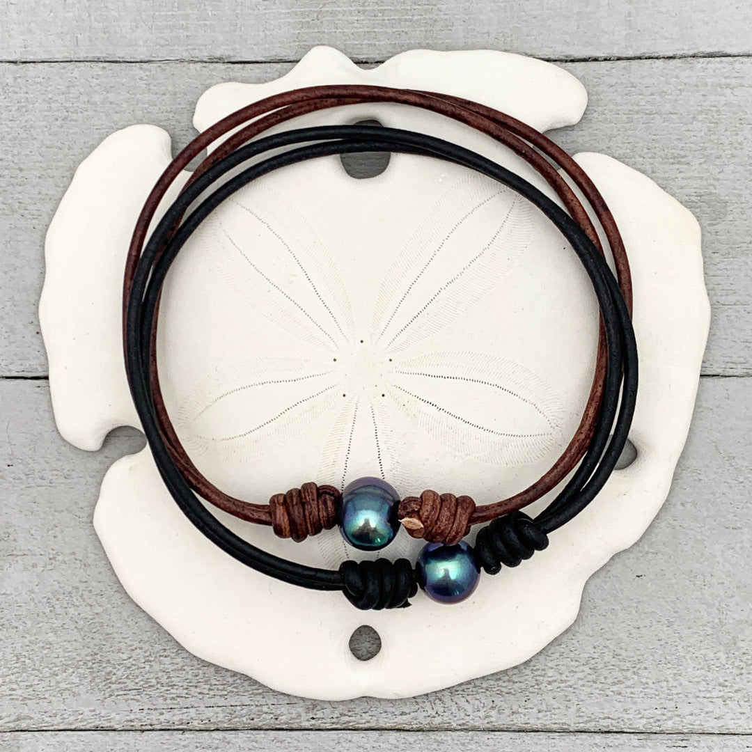 Peacock Pearl and Leather Anklet / Bracelet - SunlightSilver