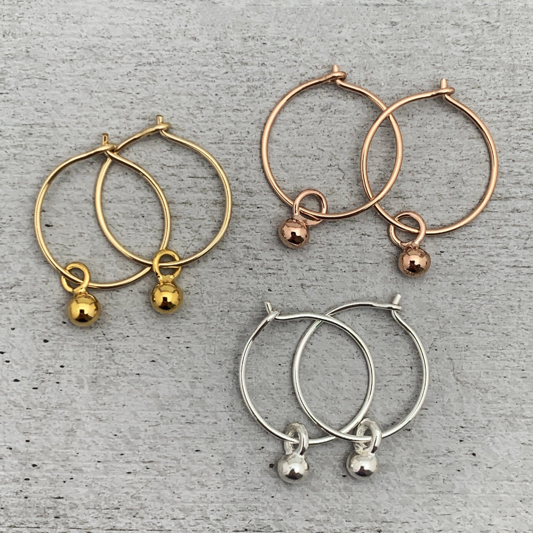 Ball Charm Hoop Earrings Available in Solid 925 Sterling Silver, 14k Yellow or Rose Gold Fill - SunlightSilver