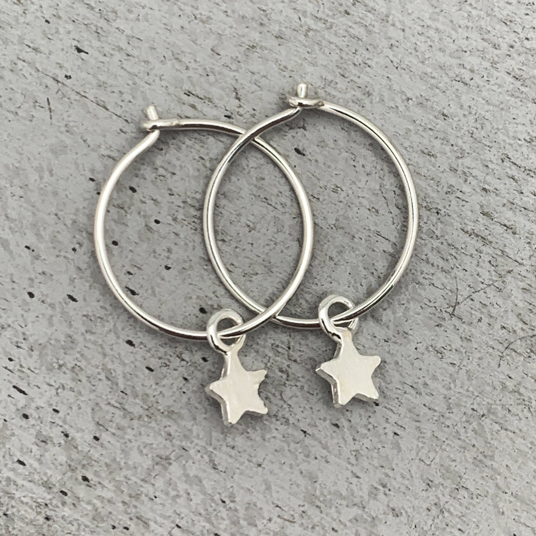 Star Charm Hoop Earrings Available in Solid 925 Sterling Silver, 14k Yellow or Rose Gold Fill - SunlightSilver