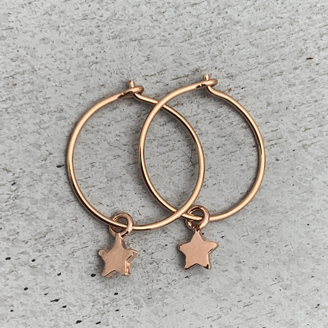 Star Charm Hoop Earrings Available in Solid 925 Sterling Silver, 14k Yellow or Rose Gold Fill - SunlightSilver