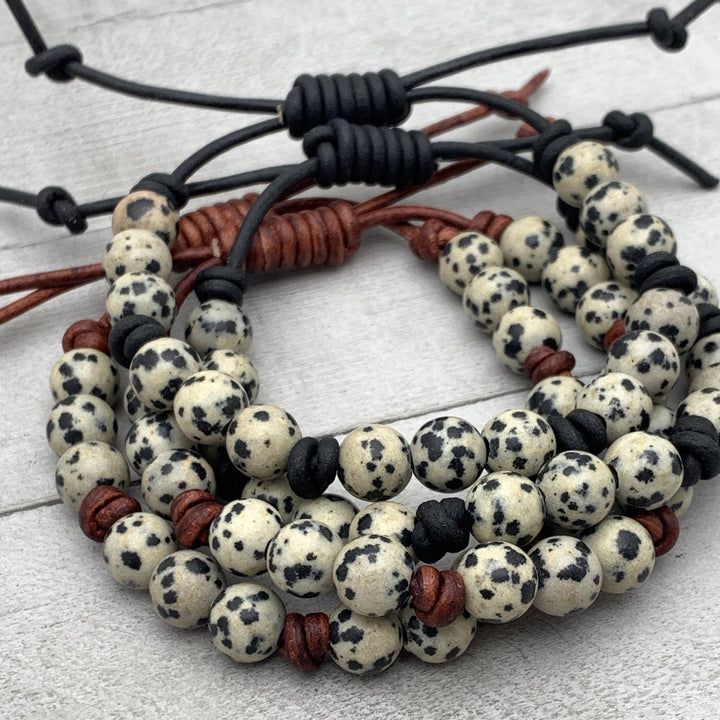 Dalmatian Jasper and Leather Gemstone Bracelet - SunlightSilver