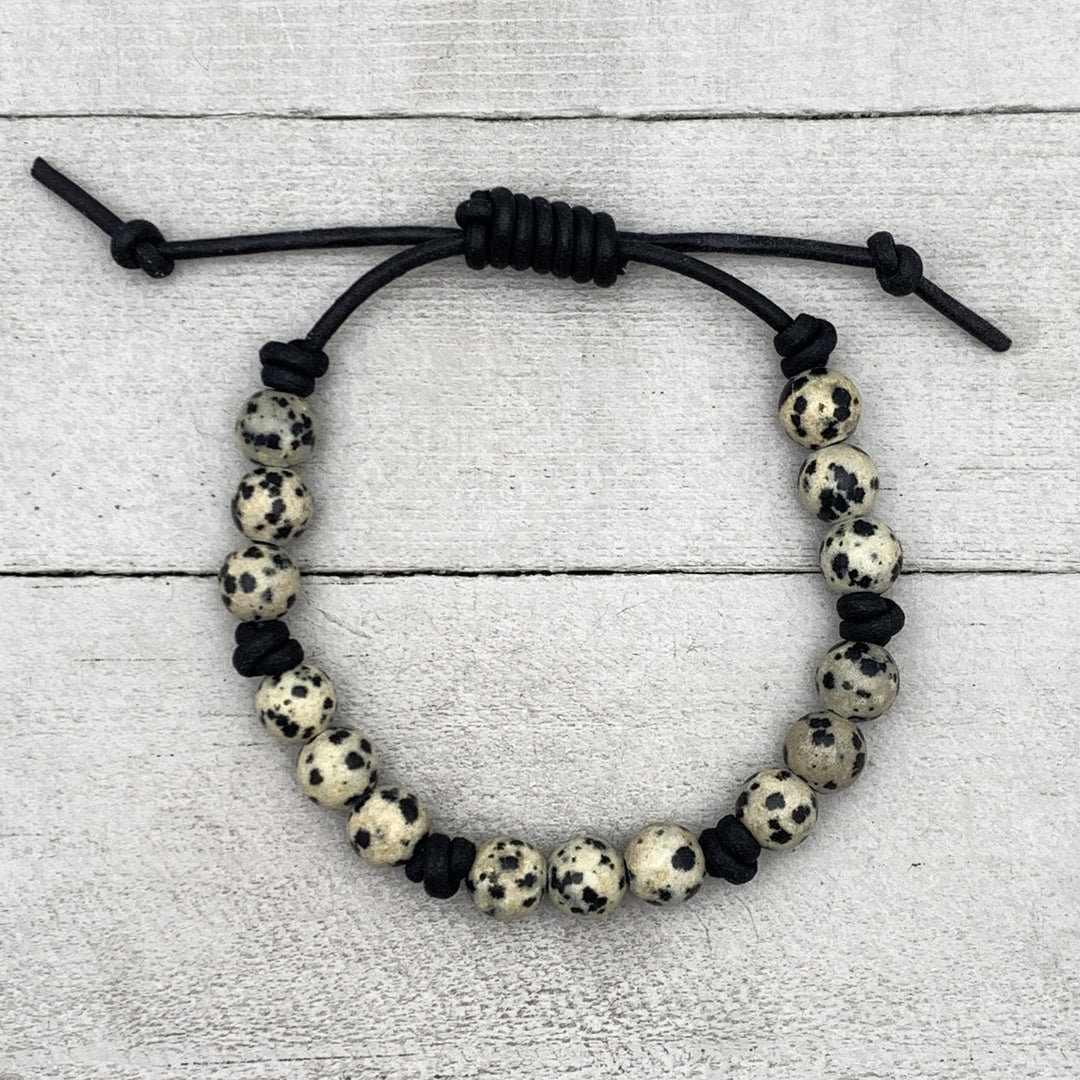 Dalmatian Jasper and Leather Gemstone Bracelet - SunlightSilver