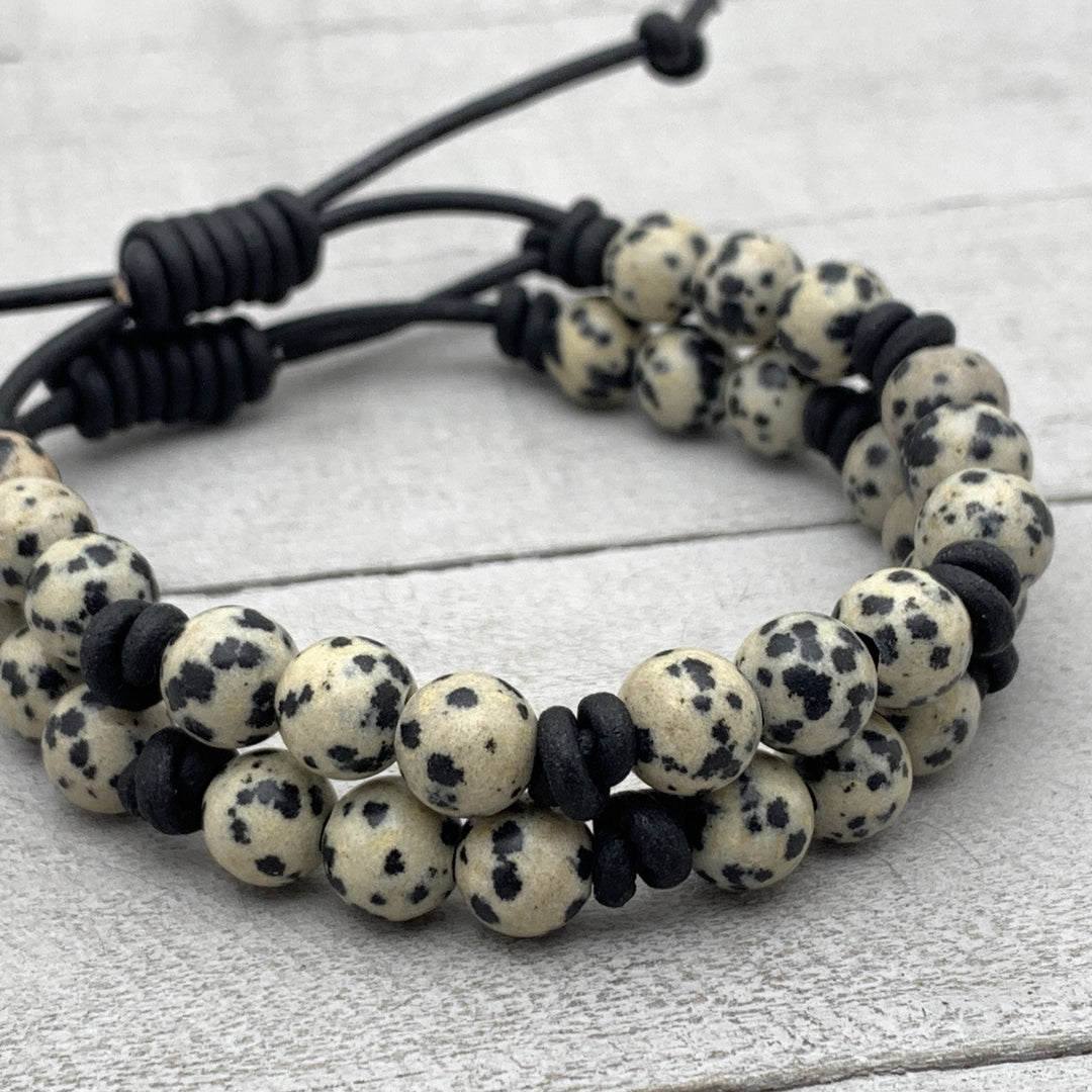 Dalmatian Jasper and Leather Gemstone Bracelet - SunlightSilver