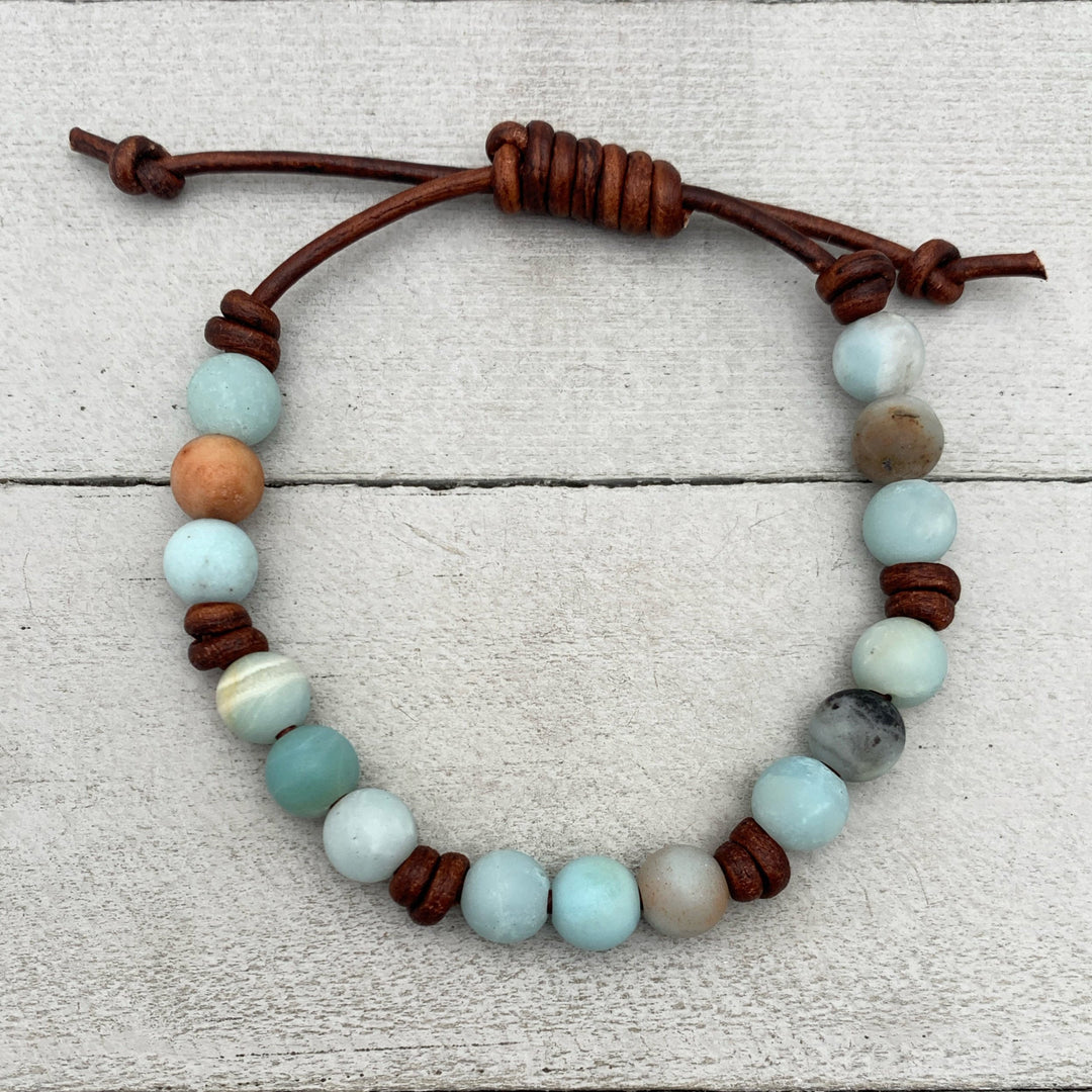 Multicolor Amazonite Gemstone and Rustic Brown Leather Bracelet - SunlightSilver